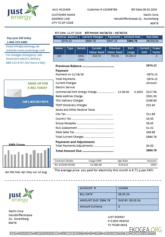 Modèle de facture de services publics d'entreprise Allemagne Just Energy aux formats Word et PDF